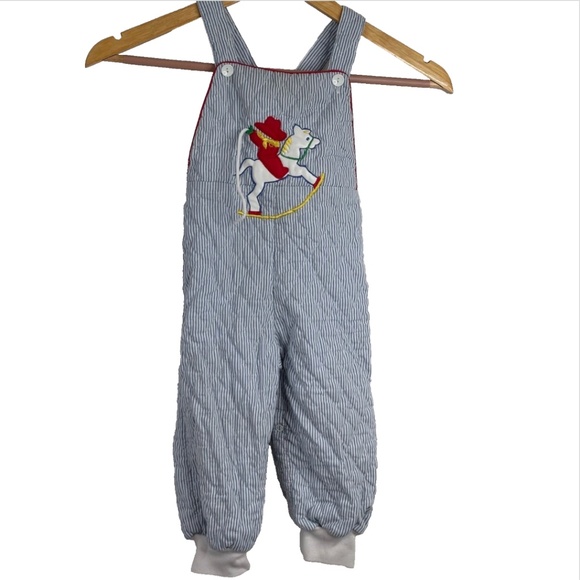 VTG 90s Rocking Horse Bubble Romper 24M Tiny Tots Quilt Stripe Cowboy Retro Blue - Picture 1 of 8